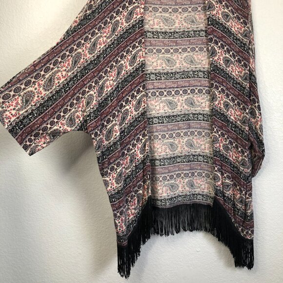 Mauve Paisley Open Long Cardigan Women's L Kimono Sleeve Fringe Hem Boho Hippie - Picture 3 of 8